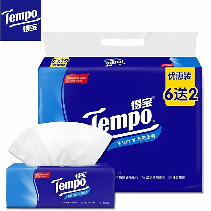 Tempo Depot Tissue Paper, 90 Sheets, 4-Ply Thick, 8 Packs, Unscented, Soft Facial Tissue, Household and Commercial Use, Economical Pack