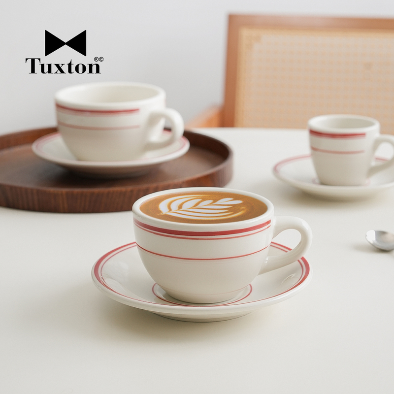 Tuxton Genuine Ceramic Red Three-Line Coffee Cup and Saucer ins Retro Korean-Style Nordic Espresso Latte Cup