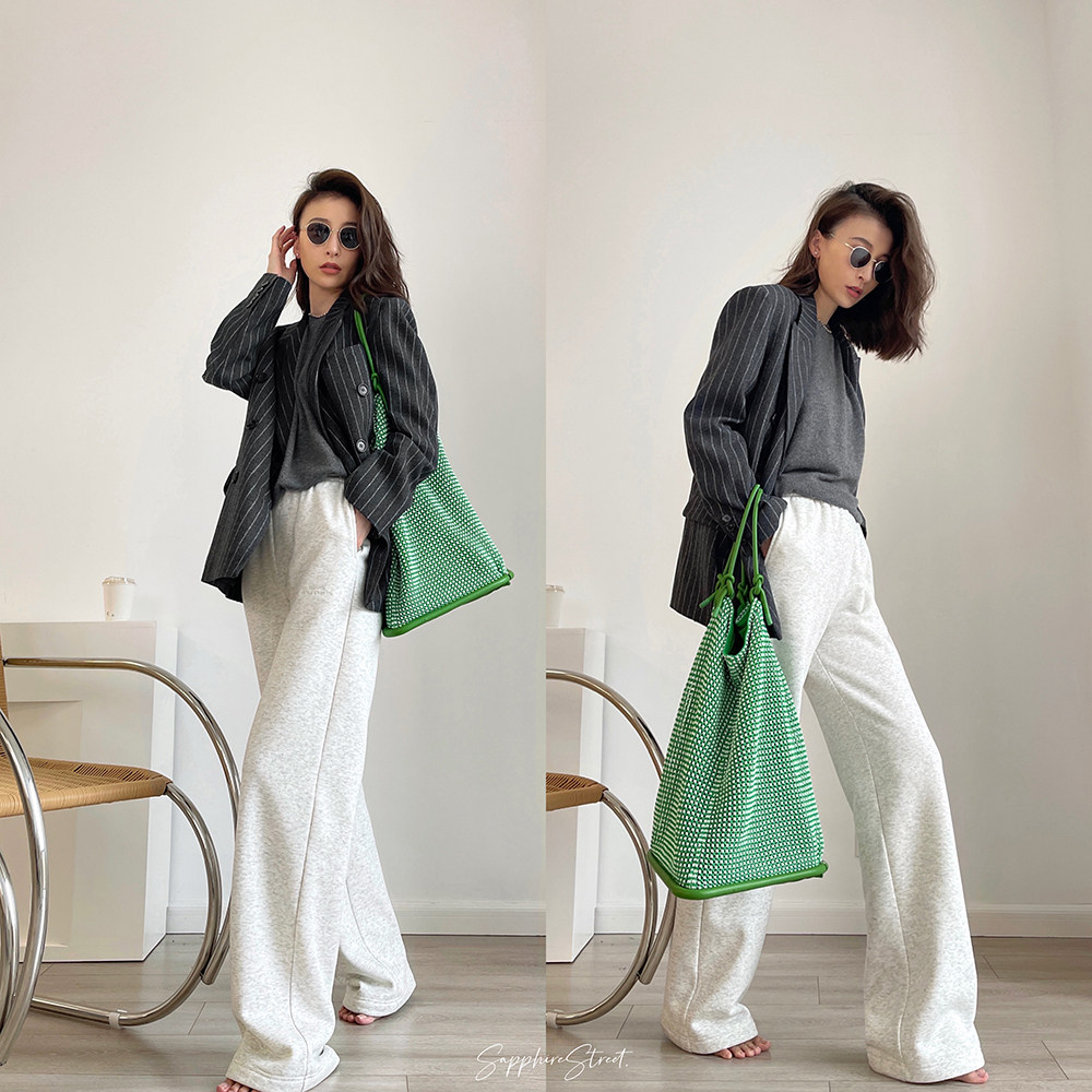 SapphireStreet autumn and winter double layer of fine spinning 500g wool, solid outline-shaped tobacco grey striped suit jacket