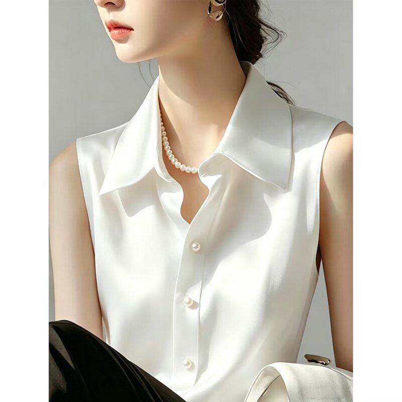 High-End Silk Shirt for Women, Summer Light Luxury, High-End Feel, Polo Collar Satin Vest, Sleeveless, Big Brand Mulberry Silk Top High-End Silk Shirt for Women, Summer Light Luxury, High-End Feel, Polo Collar Satin Vest, Sleeveless, Big Brand Mulberry Silk Top