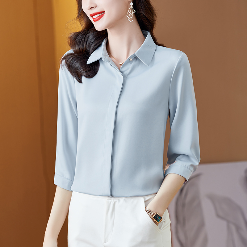 Three-Quarter Sleeve High-End Mulberry Silk Shirt for Women, New Spring and Summer Style, Elegant Ol Anti-Wrinkle Satin Shirt, Formal Professional Top