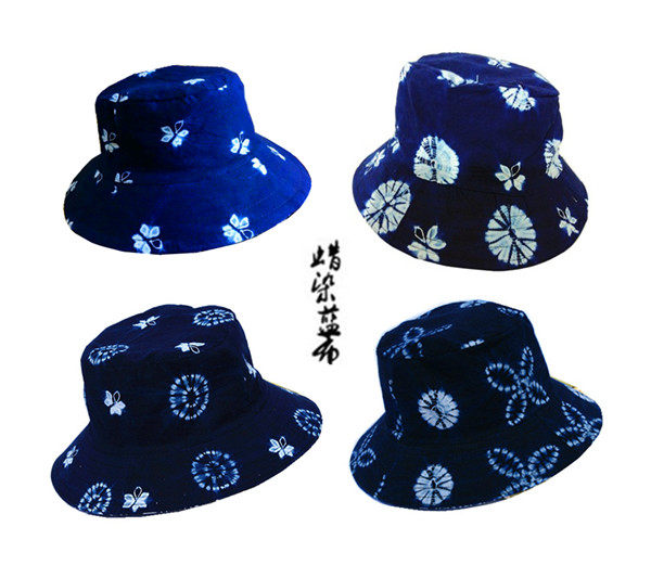 Guizhou ethnic batik hat small pot hat female summer canvas fisherman hat sun hat cotton sunscreen sunshade folding double-sided hat