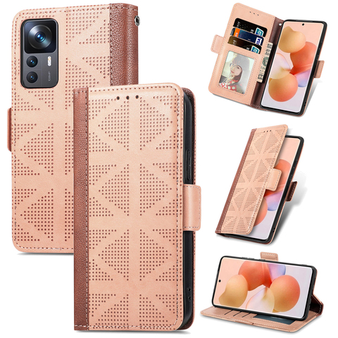 Pink — Diamond Pattern Wallets Folio Flip Magnetic Synthetic Leather Card Holder Folding Stand 12T, 12T Pro Phone Case