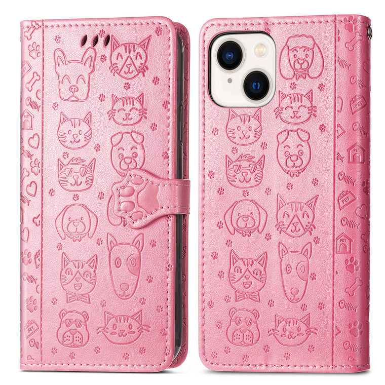 Pink Leather Embossed Cat Dog Paw Print Wallet iPhone Case
