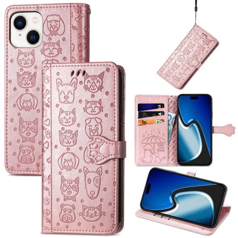 Pink Leather Embossed Cat Dog Paw Print Wallet iPhone Case