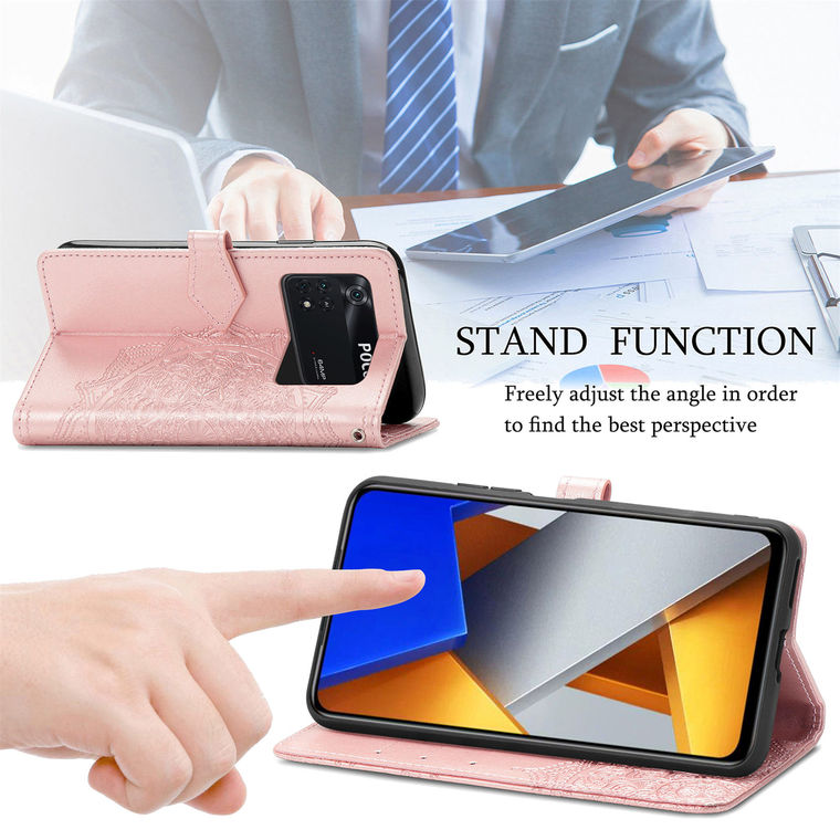 POCO M4 Pro Wallets Folio Flip Embossed Mandala Flower Magnetic Synthetic Leather Card Holder Folding Stand Phone Case