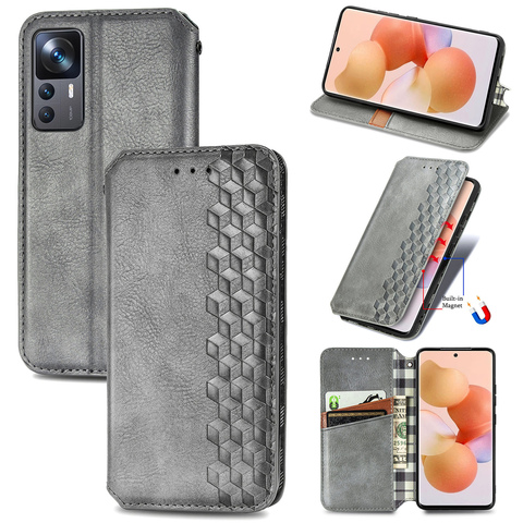 Gray — Wallets Folio Flip Blocks Embossed Synthetic Leather Card Holder Folding Stand K50, K50 Pro, K50 Ultra, 12T, 12T Pro
