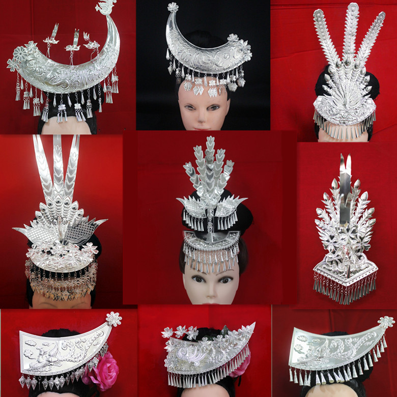 Hmong ethnic minority silver ornament costume costume bride stage performance wearing silver hair decoration