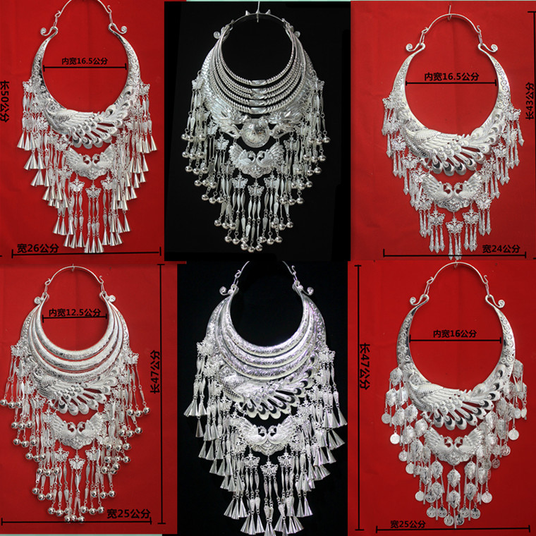 Miao silver clothing headdress hat earrings Miao ethnic style stage with a new big phoenix tassel collar