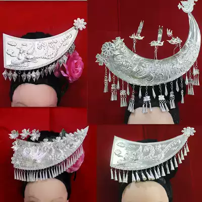 Miao silver jewelry new headdress hairpin folk dance stage wearing exaggerated headgear single-sided horn hanging string head hairpin