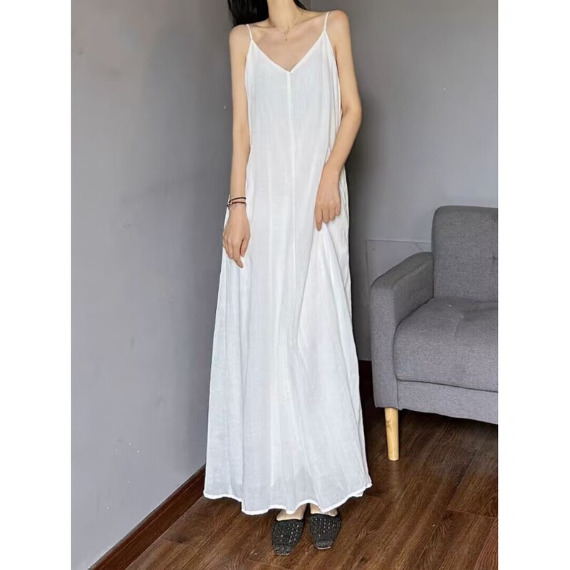 Foreign Trade First-Line Brand Women's Clothing White Cotton and Linen Loose-Fitting Slip Dress Slimming Summer Long Dress Artistic V-Neck Dress