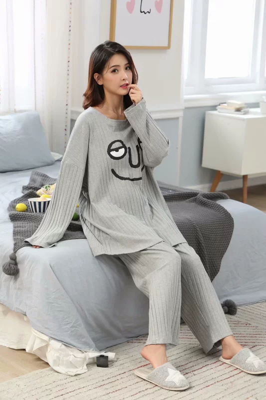 Mùa thu và mùa đông cộng với phân bón Bộ đồ ngủ XL Cotton Hàn Quốc dài tay phục vụ nhà phù hợp với chất béo mm300 kg thêm sân rộng kiểu đồ bộ vải thun bông