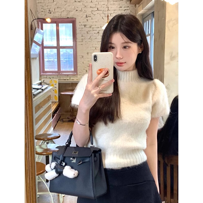 White Sweater for Women, Gentle Style with Puff Sleeves, Alpaca Wool, Fluffy Half-High Collar, Knitted Elegant Short-Sleeved Top for Women