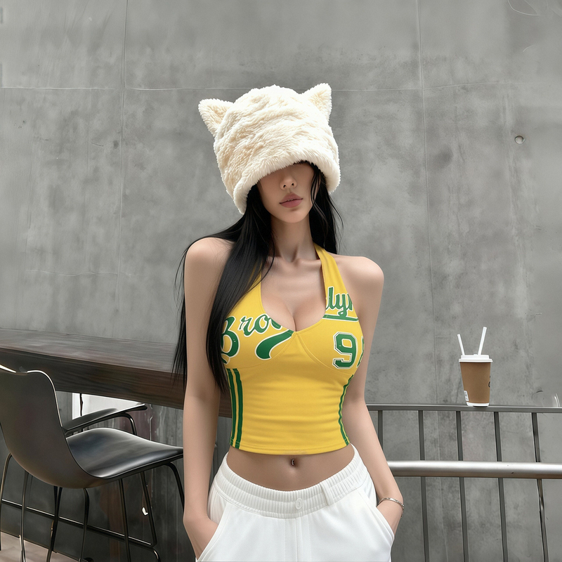 American-Style Street Letter Print Yellow Low-Cut Halter Top 2026 Summer Personality Slimming Dopamine Hot Girl Top American-Style Street Letter Print Yellow Low-Cut Halter Top 2026 Summer Personality Slimming Dopamine Hot Girl Top