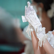Bride wedding gloves short Pearl tassel Super fairy ceremony wedding dress bow flower satin white