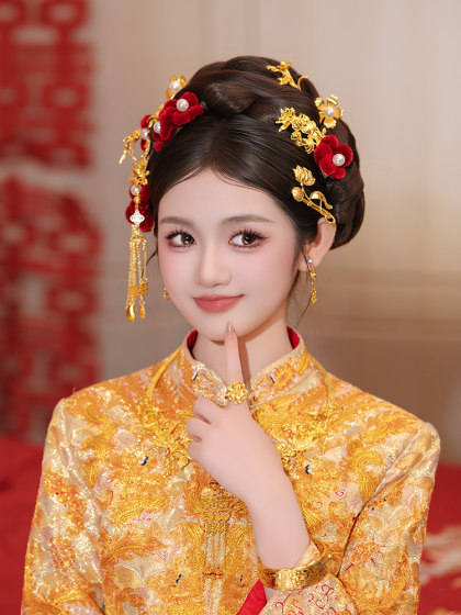 xiuhe 신부 머리 장식 레트로 레드 진주 벨벳 꽃 머리카락 머리 머리카락 머리카락 절묘한 나이를 줄인 행복한 단어 줄기 술 용과 피닉스 가운 머리 장식 여성