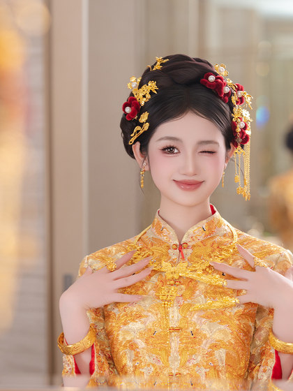 xiuhe 신부 머리 장식 레트로 레드 진주 벨벳 꽃 머리카락 머리 머리카락 머리카락 절묘한 나이를 줄인 행복한 단어 줄기 술 용과 피닉스 가운 머리 장식 여성