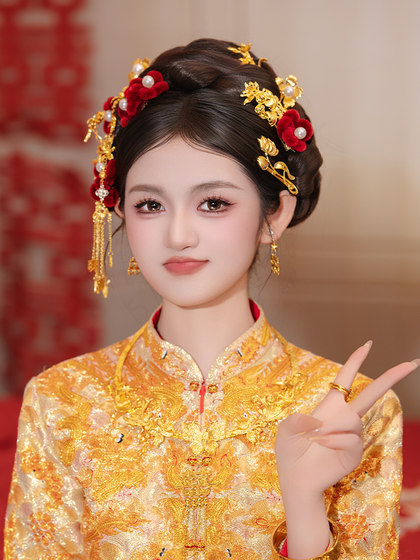 xiuhe 신부 머리 장식 레트로 레드 진주 벨벳 꽃 머리카락 머리 머리카락 머리카락 절묘한 나이를 줄인 행복한 단어 줄기 술 용과 피닉스 가운 머리 장식 여성