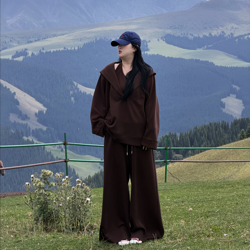【Lazy Person's Diary】Tall People's Casual Style Loose Hooded Sweatshirt High-Waisted Casual Pants Set W1625