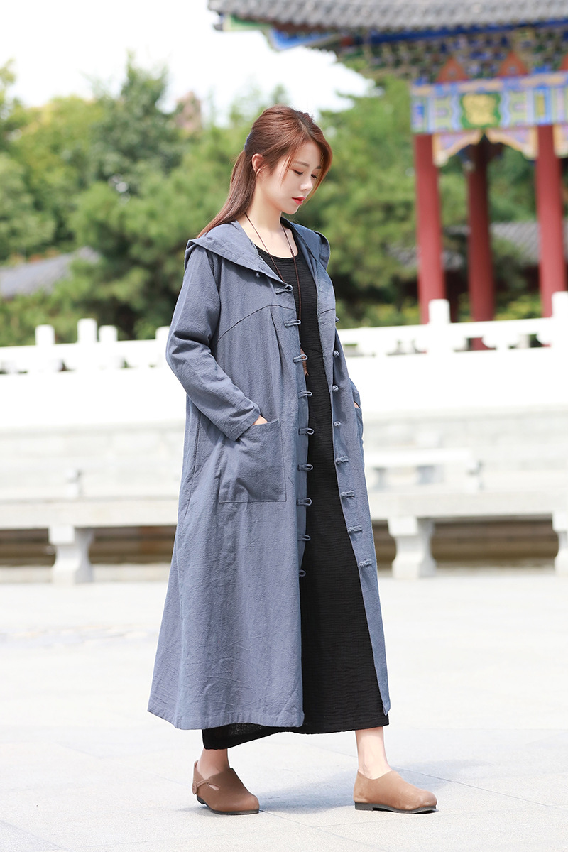 Ảnh du lịch phải có áo mùa xuân và mùa hè bằng vải cotton và vải lanh của phụ nữ nguyên bản retro trùm đầu áo choàng siêu dài áo gió dài - Trench Coat áo ấm