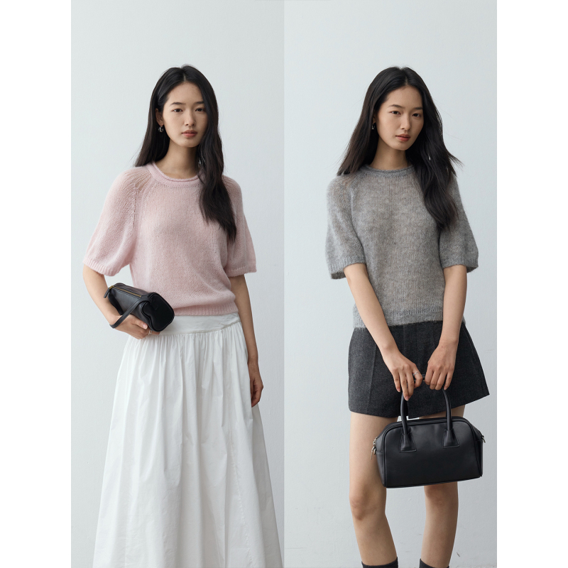 Zhihua/Shimmering Like a Galaxy, the Divine Atmosphere - Custom-Spun Baby Alpaca Wool Puff Sleeve Knit Short-Sleeve Top