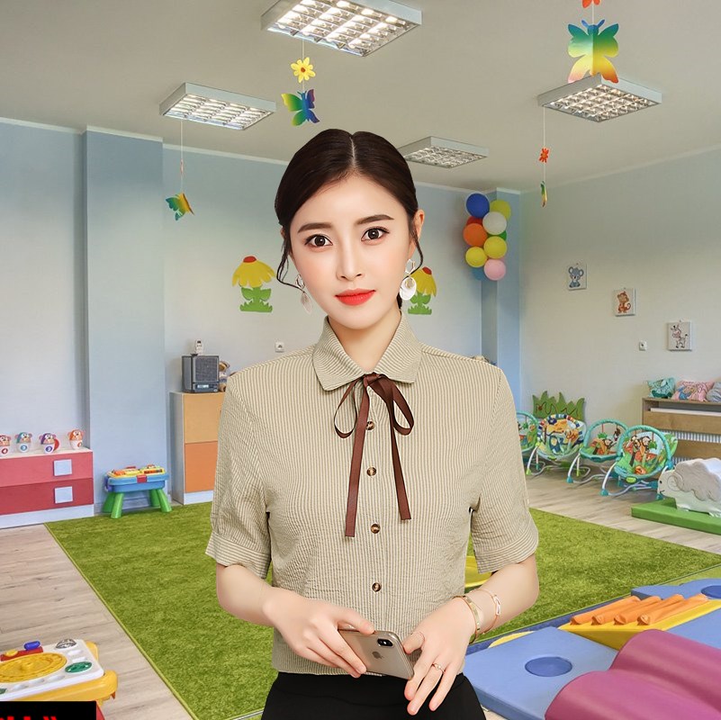 quần áo vườn giáo viên mẫu giáo phiên bản Hàn Quốc thời trang đôi cổ áo sửa quần của phụ nữ váy quần áo giáo viên trẻ đang lớn quần áo làm việc giáo viên mùa hè