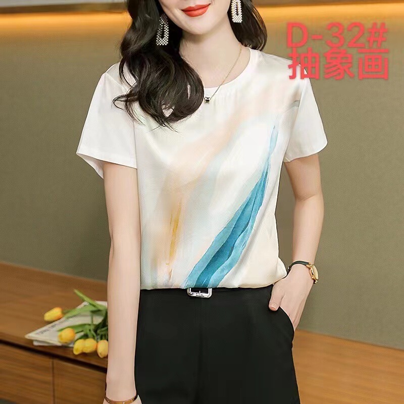 2025 Ab Side Short-Sleeved Women's T-Shirt Korean Style Round Neck Summer Printed Loose Large Size Satin Shirt Top