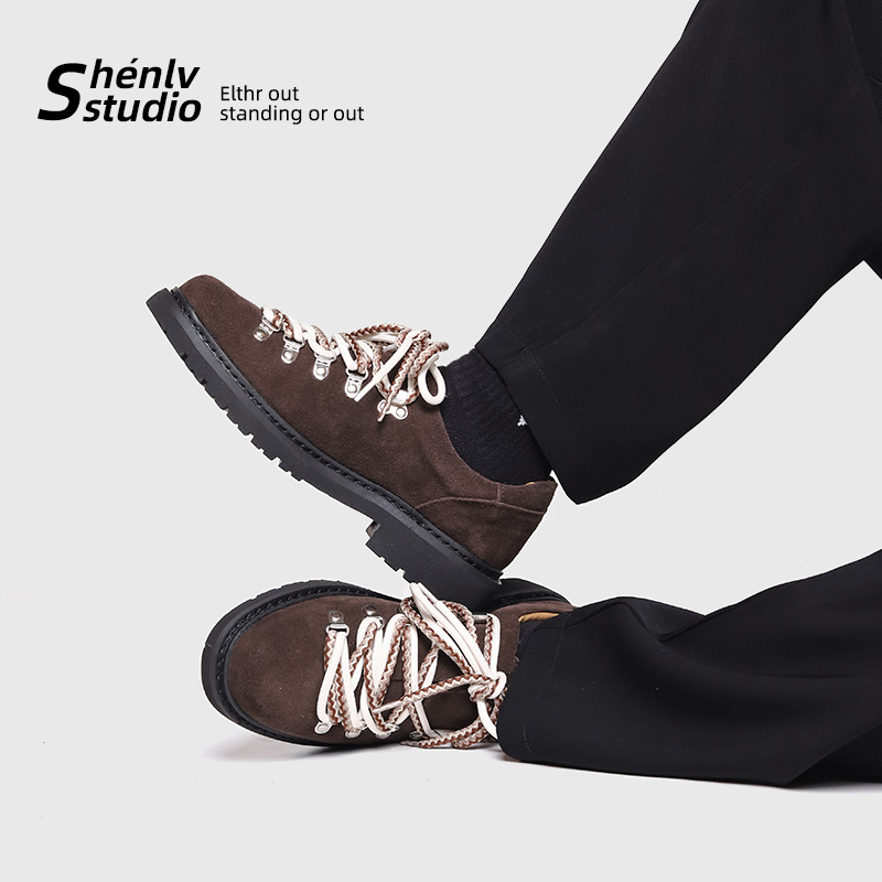 Shenlv Stuido Suede Men's Shoes Brown Leather Shoes Genuine Leather Retro Double Laces Casual Outdoor Work Shoes
