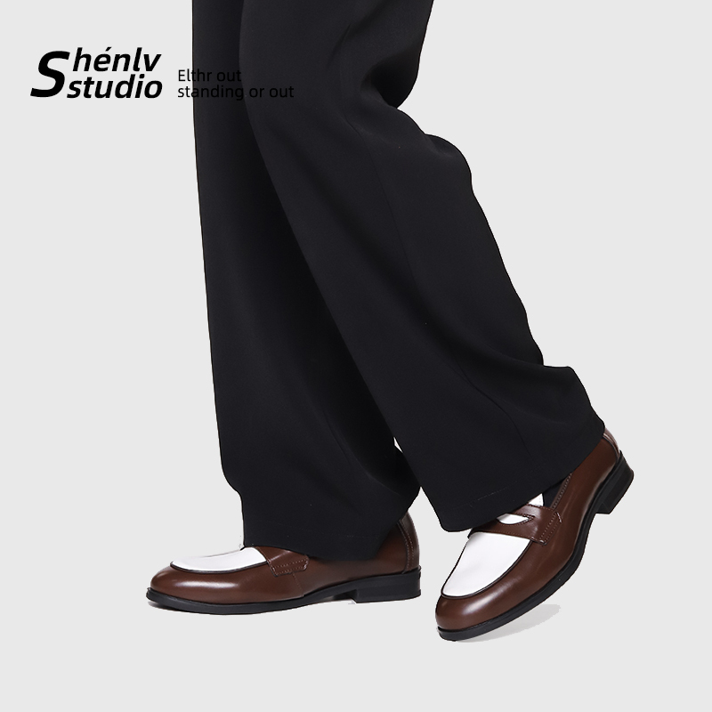 Shenlv Studio Pointed Round Toe Color-Blocked Champagne Loafers Men's Slip-On Thin-Soled Derby Leather Shoes