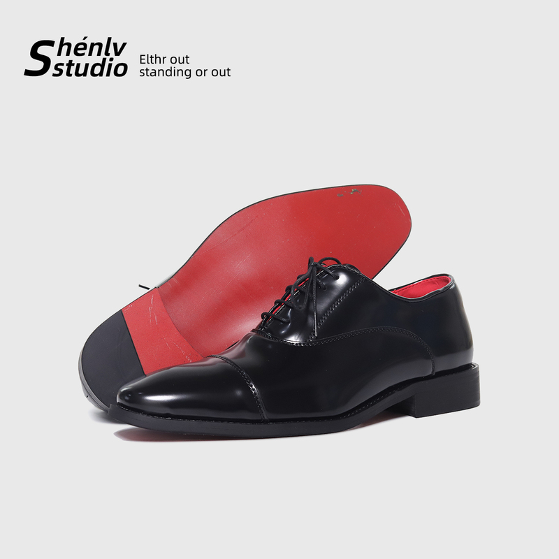 Shenlv Studio Glossy Pointed Derby Shoes for Men, High-End Cl Red Sole and Red Lining Wedding Groom Leather Shoes