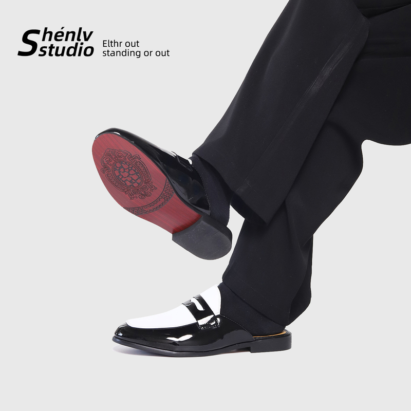 Shenlv Studio Black and White Color-Blocked Glossy Mules Men's Red-Soled Half-Slip Leather Shoes for Outdoor Wear Birkenstock Slippers