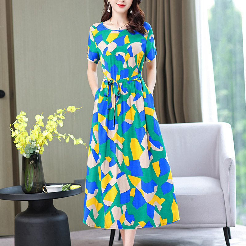 Mom's Cotton Silk Dress, Summer Middle-Aged and Elderly Women's Clothing, Loose Large Size Artificial Cotton Short-Sleeved Floral Over-The-Knee Long Skirt