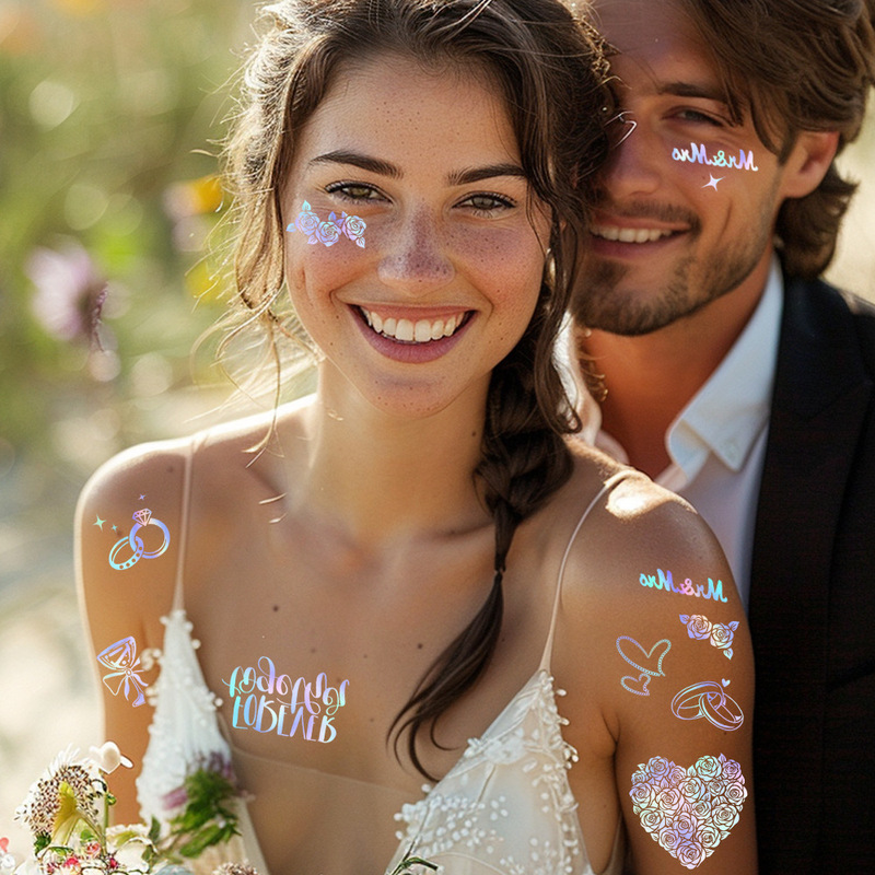New Wedding Laser Tattoo Stickers with a High-End Feel for Brides and Bridesmaids, Wedding Party Metal Temporary Tattoo Stickers New Wedding Laser Tattoo Stickers with a High-End Feel for Brides and Bridesmaids, Wedding Party Metal Temporary Tattoo Stickers