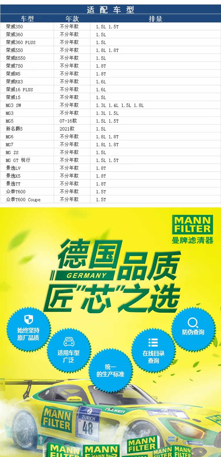Масляный фильтр 曼牌适配荣威i6 plus i5 rx3 新名爵5 350 360 mg3机油滤芯格清器