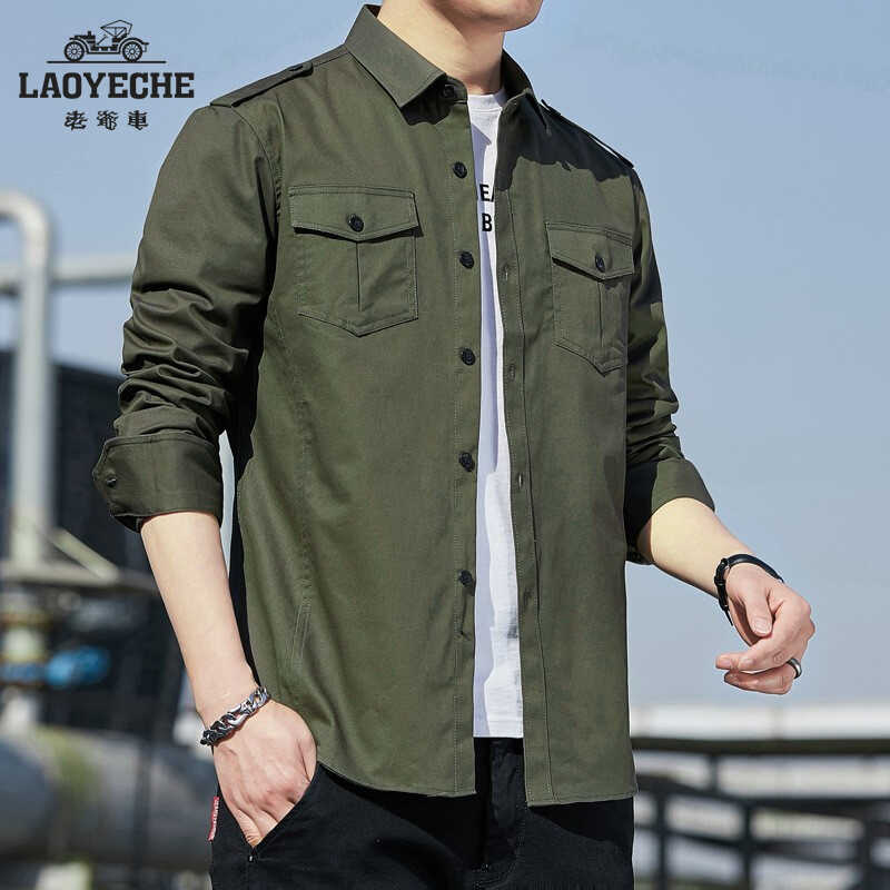 Vintage Men's Long-Sleeve Shirt with Epaulettes, New Style Shirt Jacket, Long-Sleeve Shirt for Men with Double Pockets, Military Style