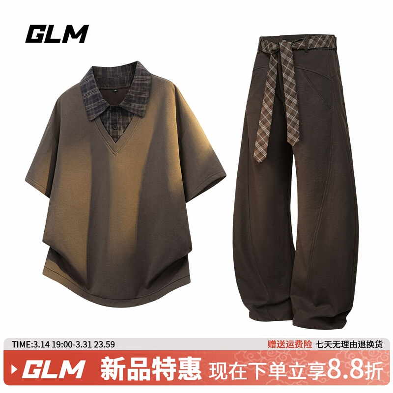 Glm American-Style Plaid Fake Two-Piece Lapel Short-Sleeved T-Shirt Men's Summer New Polo Shirt Casual Sports Suit