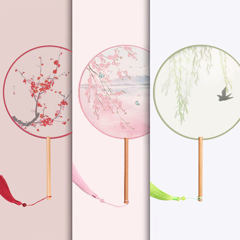 Ancient wind fairy hand-held imitation silk translucent long handle group fan ancient fan Hanfu fan
