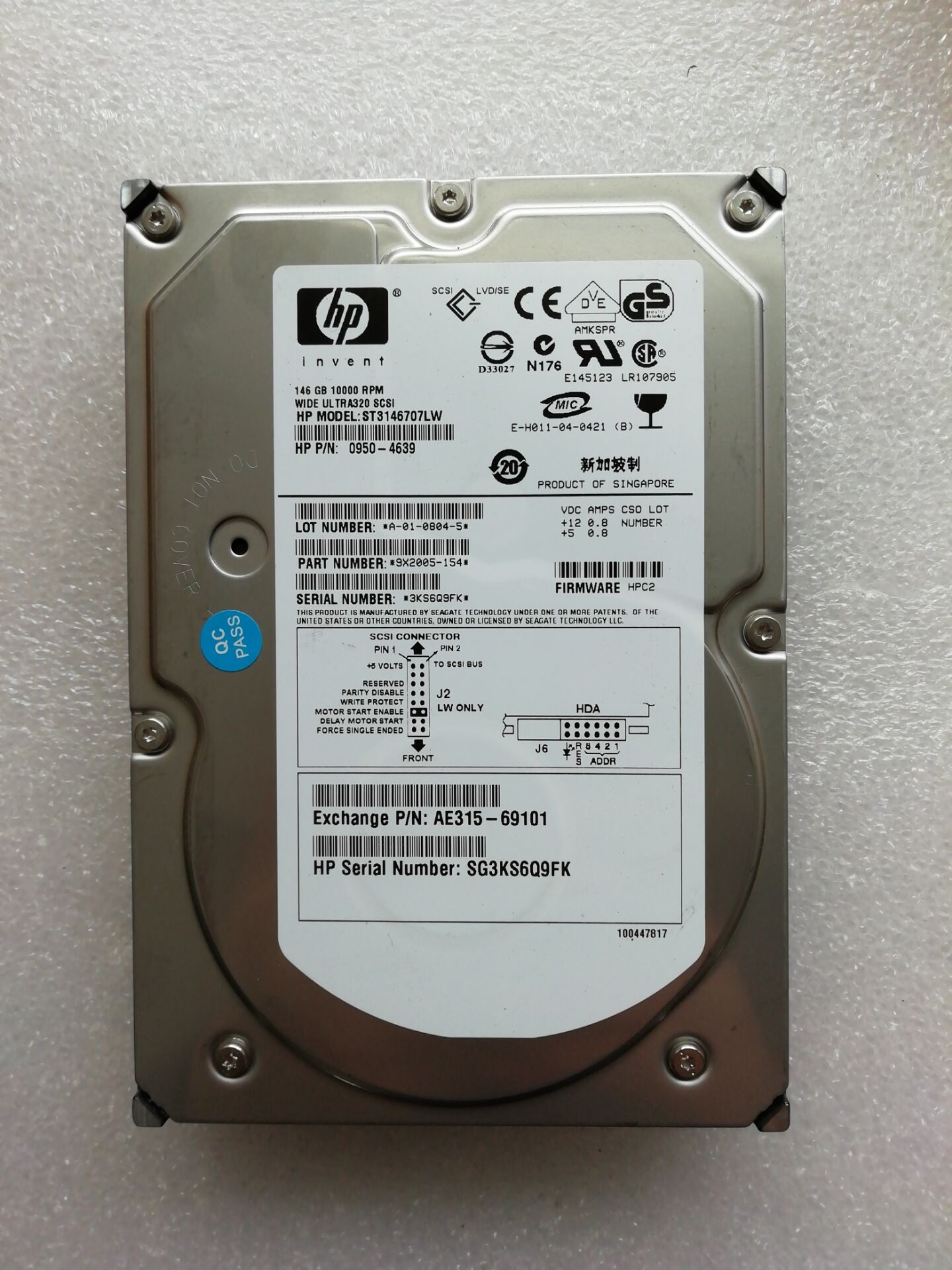 HP 0950-4639 AE315 -69101 ST3146707LW 146GB 68 Pin SCSI Hard disc 10K