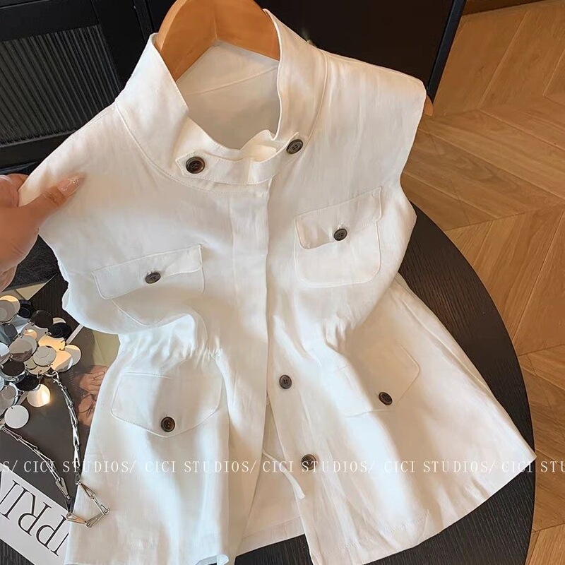 French-Style White Stand-Up Collar Single-Breasted Sleeveless Linen Top for Women, 2026 Summer New Style, Elegant and Slimming Layered Vest