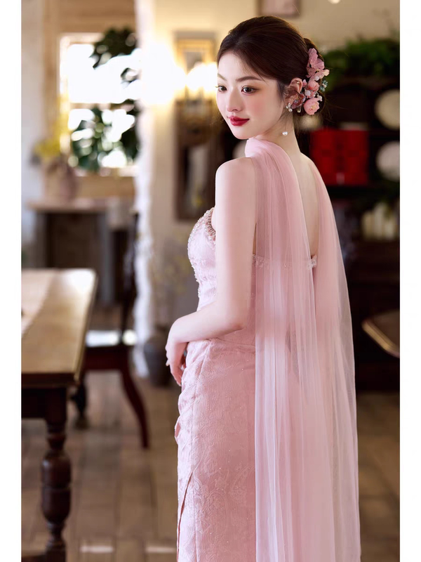 Bridal Wedding Dress Pink Tulle Scarf Long Scarf Silk Ribbon Neck Veil Shawl Gauze Dressing Gown Travel Photography Accessories