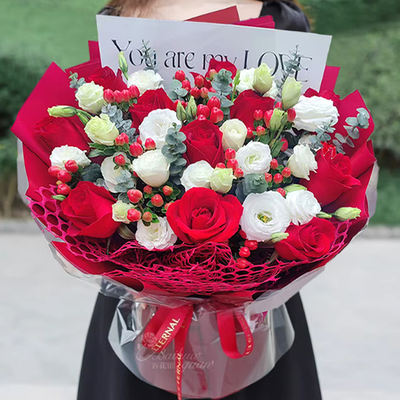 Nationwide red crushed ice blue 11-flower bouquet of fresh flowers, express delivery, same-city delivery stores in Shanghai, Beijing and Hangzhou, girlfriend