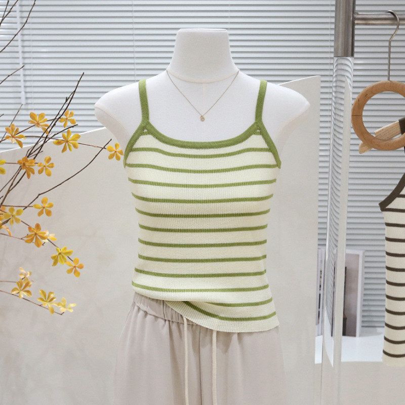 Green Versatile Fashion Spring/Summer Striped Ice Silk Outerwear Knitted Inner Wear Camisole Color-Blocked Base Tank Top