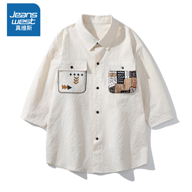 Jeanswest Men's Versatile Student New Chinese Style Ethnic Summer Three-Quarter Sleeve Short Sleeve Bubble Gauze Shirt