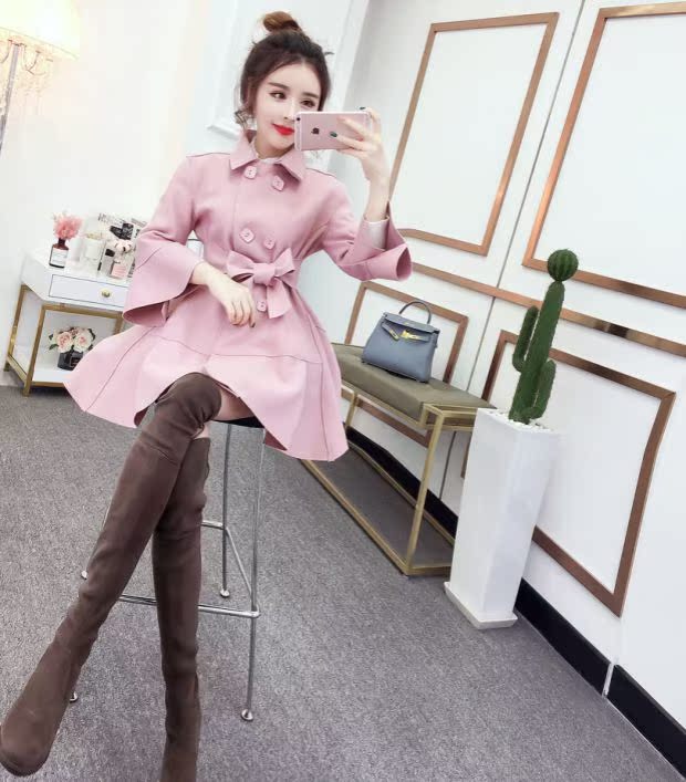 Thời trang Hàn Quốc phiên bản lưới màu đỏ tay áo thắt nơ hai dây thắt eo mỏng manh trong phần dài của áo khoác len để gửi thắt lưng áo dạ dáng dài hàn quốc