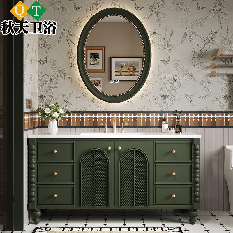 French-Style Vintage Solid Wood Floor-Standing Bathroom Cabinet Set with Seamless Slate Basin, American-Style Washbasin Cabinet