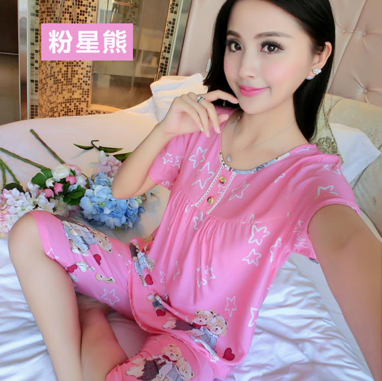 Ladies Pyjamas Summer Đặt Bông Ngắn Tay Áo Quần Short Dành Cho Người Lớn Hàn Quốc Cotton Silk Home Mặc XL Siêu mỏng