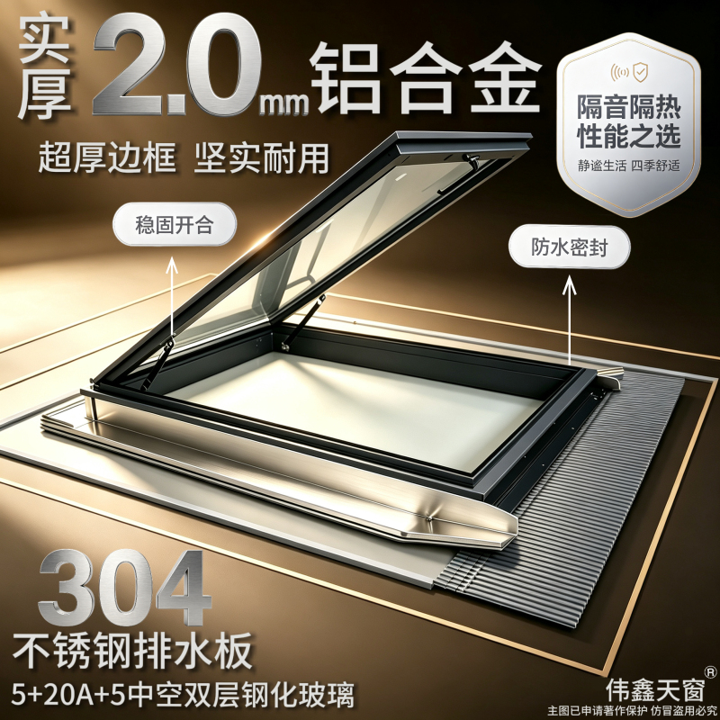 Aluminum Alloy Skylight 2.0mm Ultra-Thick Frame Soundproof Heat Insulation Waterproof Villa Skylight Self-Built House Skylight Sloping Roof