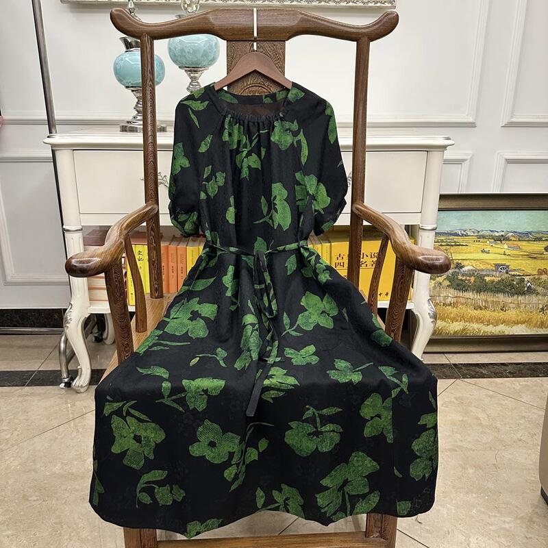 Double-Sided Silk Loose-Fitting Fragrant Cloud Silk Dress with Round Neck and Tie, Summer Short-Sleeve Mulberry Silk Printed Long Dress for Women