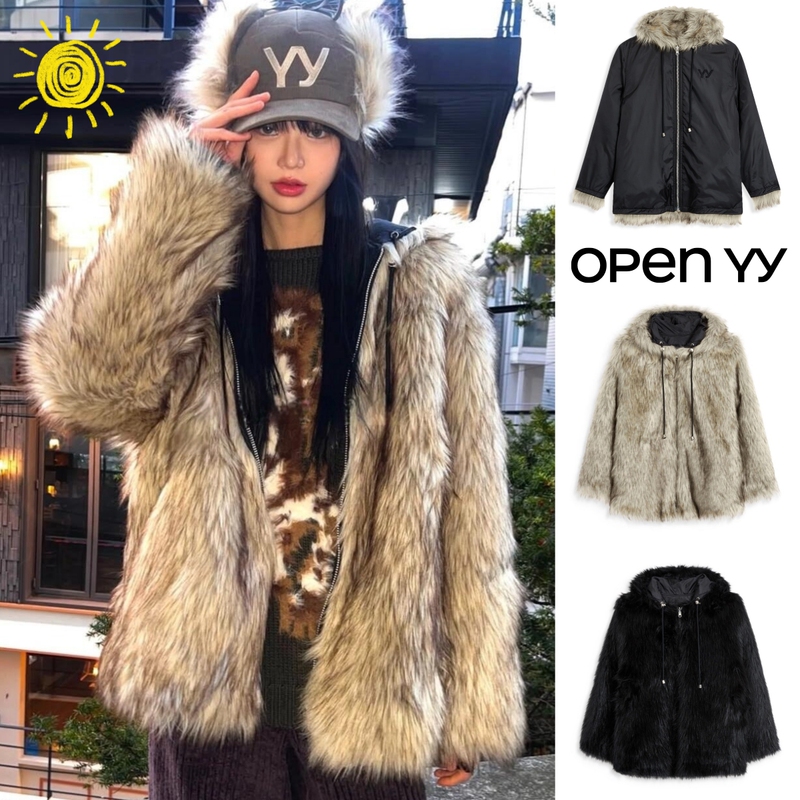 Korean Genuine Openyy Autumn and Winter Hooded Jacket, Yang Chaoyue's Same Style, Reversible Eco-Friendly Faux Fur Jacket