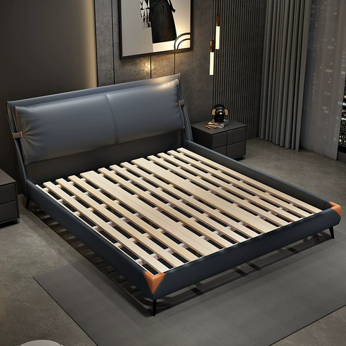 Итальянская минималистичная кожаная кровать, двуспальная кровать, современная минималистская светлая главная спальня, роскошная скандинавская мягкая упаковка, американская свадебная кровать с пневматическим хранилищем